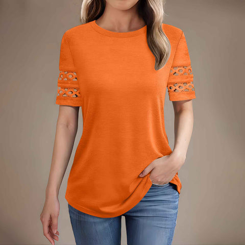 Summer new lace splicing short-sleeved t-shirt crew neck top m301942