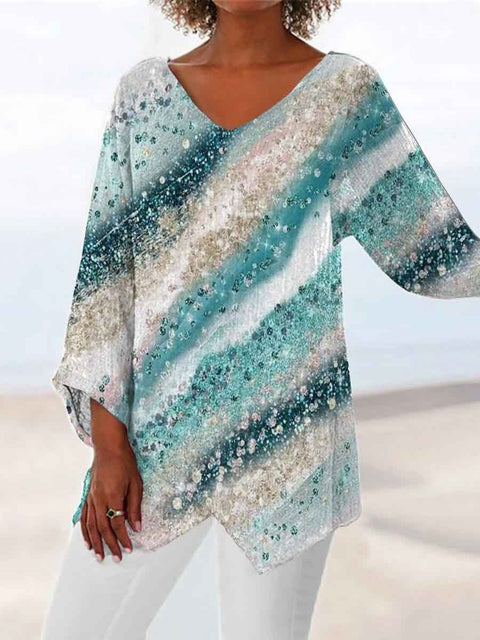 Women's printed animal natural scenery V-neck nine-quarter sleeve loose T-shirt m301289