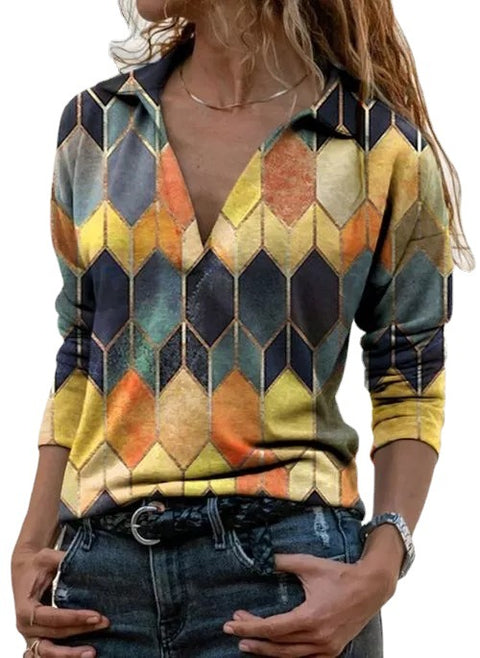 Women's V-neck women's top geometric rhombus plaid pattern T-shirt m301870