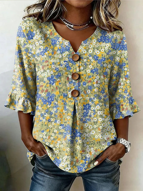 Small V-neck shirt flared sleeve printed button-down shirt m302753