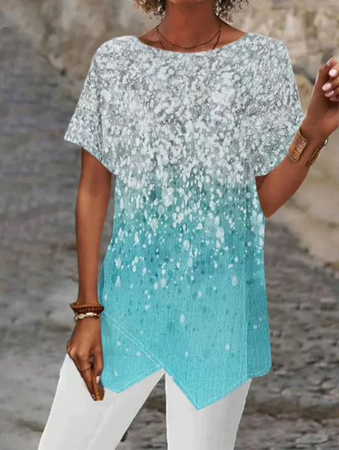 Geometric printing loose short-sleeved irregular hem T-shirt m302490
