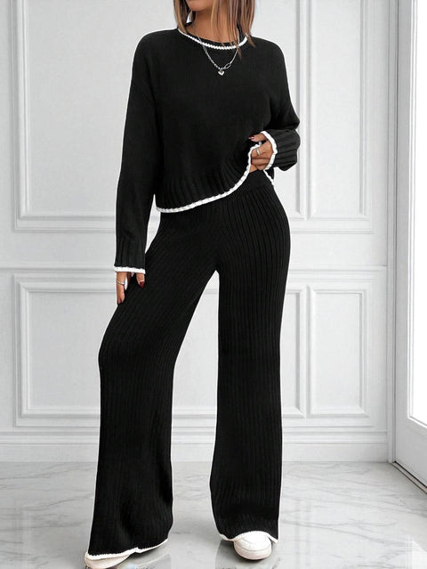 New fashion long-sleeved knitted top high-waisted wide-leg pants two-piece set m302090