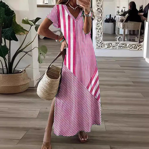 Stripe positioning printed V-neck split dress m301462