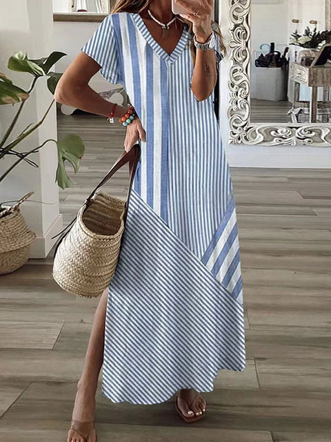 Stripe positioning printed V-neck split dress m301462