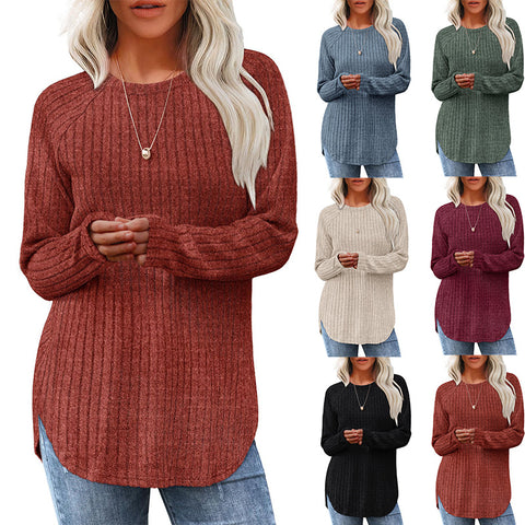 Loose crew neck high and low curved hem top women's m302070