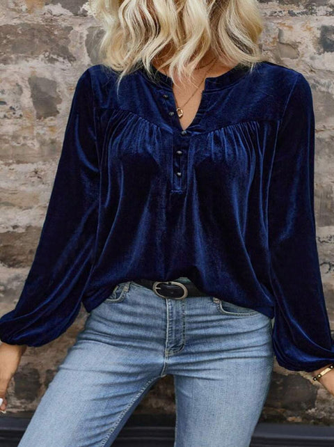 Solid color pullover V-neck casual temperament commuter button long sleeve top women m302275