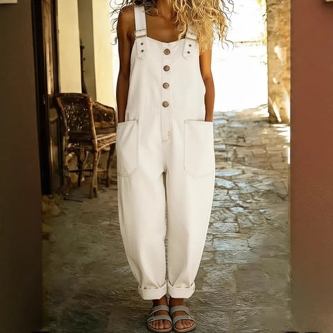 Stylish retro old loose women's casual denim jumpsuit with adjustable buckle m302836
