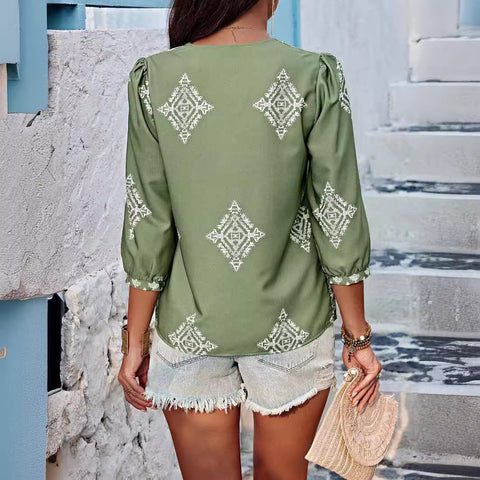 Fashion printed bag seven-quarter sleeve V-neck women's top m301002
