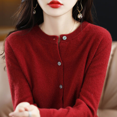 Knitted cardigan early spring crew neck sweater women's long-sleeved solid color versatile jacket women's m301748