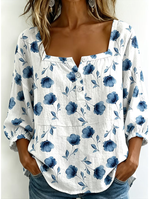 Women's square collar button-down shoulder seven-quarter sleeve medium sleeve T-shirt trend m302838