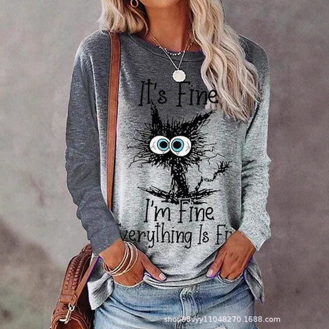 Pet cat gradual change color 3D printing long sleeve T-shirt round neck T-shirt m302928