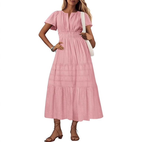 Fashion V-neck pleated bubble sleeves layered pendulum dress women m302009
