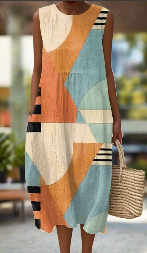 Summer sleeveless pocket casual print temperament long dress dress m302454