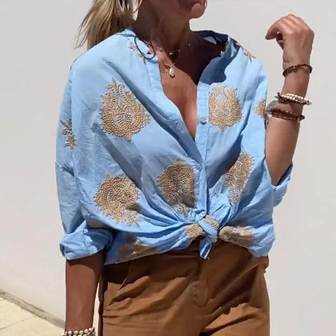 Printed Independent Station Long Sleeve Lapel Button Women's Shirt m301309