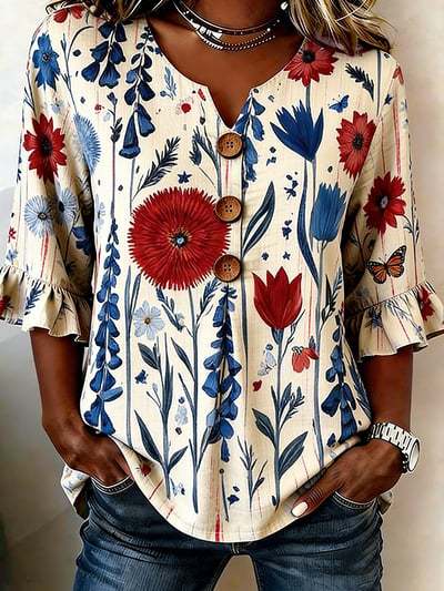 Small V-neck shirt flared sleeve printed button-down shirt m302753
