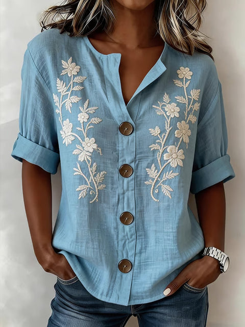 V-Neck Shirt Medium Sleeve Flower Print Button Casual Ladies Shirt m302697