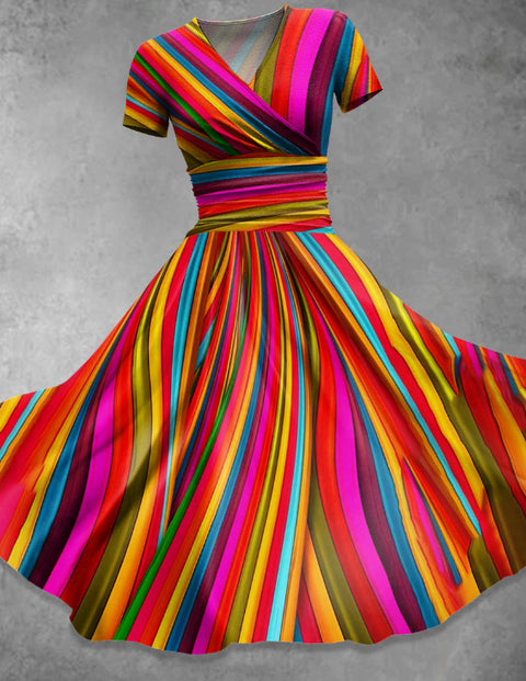 V-neck short-sleeved medium and long waist dress 3D digital printing m301714