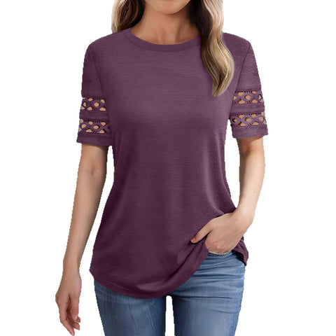 Summer new lace splicing short-sleeved t-shirt crew neck top m301942