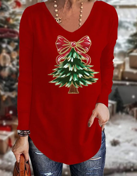 Loose 3D V-neck long-sleeved T-shirt women's Christmas printed bottoming shirt m302098