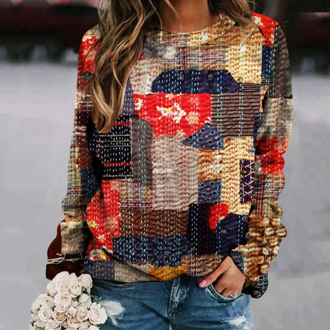 Printed Splicing Crew Neck Shoulder Sleeve Women's Sweater m302176