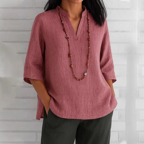 Women's V-neck seven-quarter-sleeved cotton and linen loose casual shirt m302068