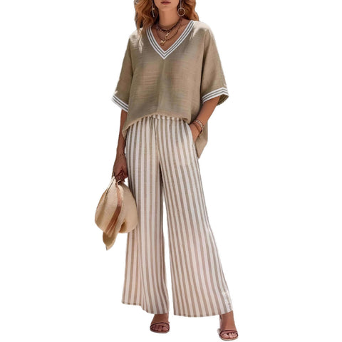 Women's casual striped comfortable loose V-neck two-piece set m302912