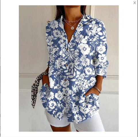 3D digital printing abstract pattern women's long-sleeved buckle linen shirt m302749-01