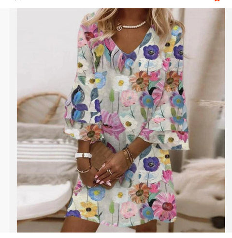 Fresh printed V-neck 3/4-sleeve mini women's dress m302854