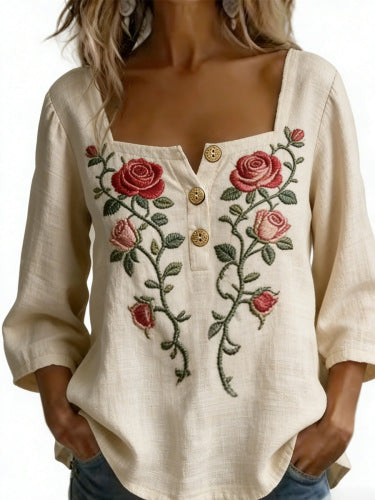 Floral print 3-button elegant wide neck top m302847