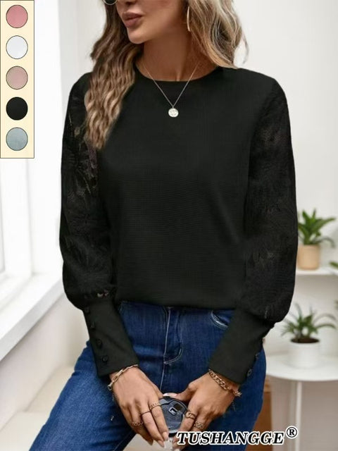 Long Sleeve Embroidered Lace Splicing Waffle Crew Neck Top m302245
