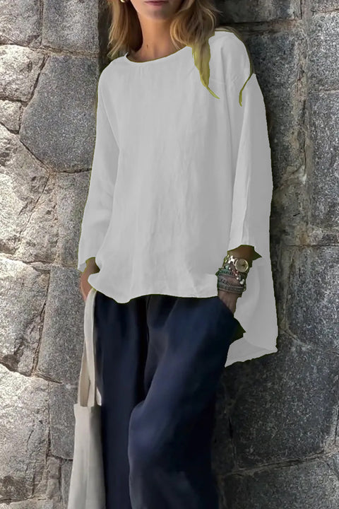 Women's nine-quarter sleeve crew neck cotton and linen loose shirt top m302007