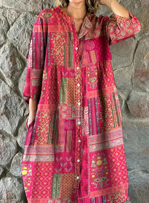 Women's Loose Crew Neck Fashion Premium Long Sleeve Printed Shirt Dress m301050