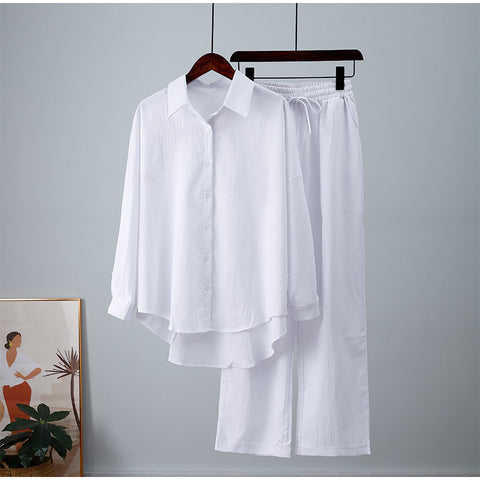 New loose elastic wrinkle long-sleeved shirt wide-leg pants casual suit women's 2-piece set m301960