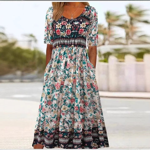 Up and down splicing pocket size printing large wide dress m302623-1