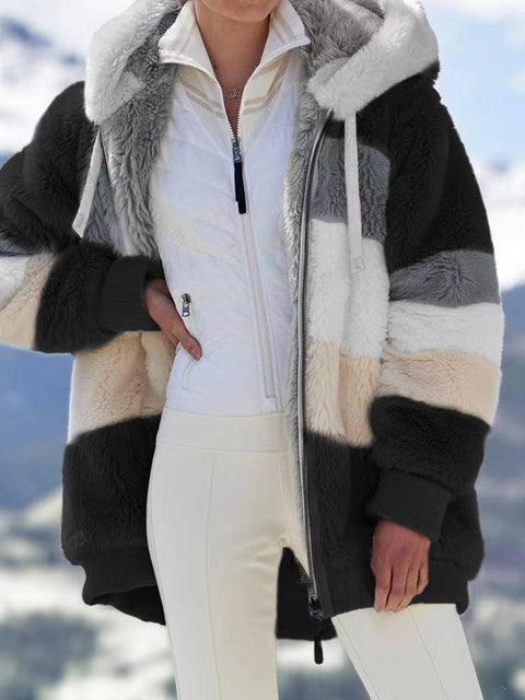 Warm plush patchwork zipper pocket hooded loose coat women m300611
