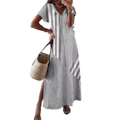 Stripe positioning printed V-neck split dress m301462