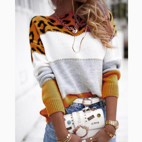 Color matching leopard print crew neck casual sweater m302285