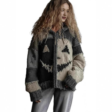 Halloween spoof digital printing zipper pumpkin hooded imitation knitted sweater m302044