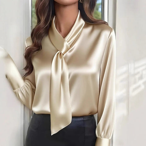 Autumn solid color fashion design sense streamer long sleeve shirt women's m302360