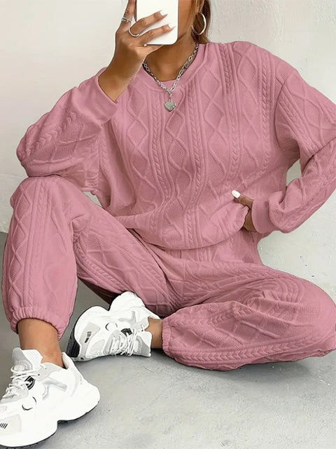 Women's twist splicing long-sleeved crew neck top corset trousers two-piece set m302008