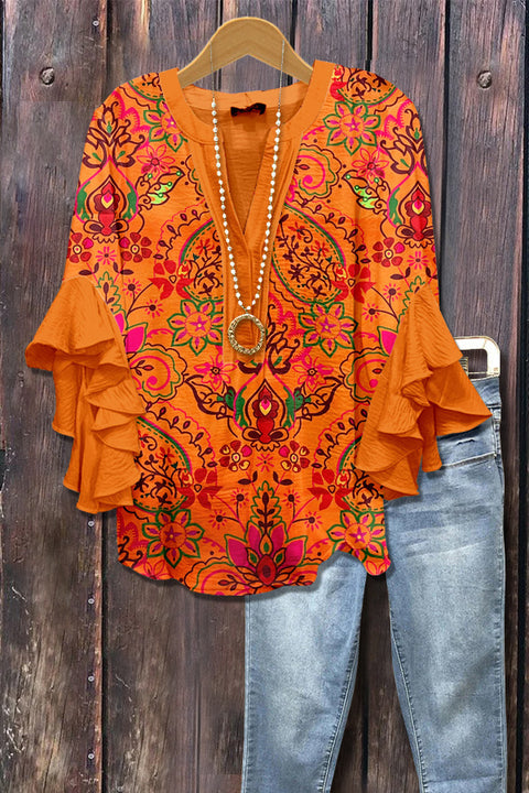 Digital printing casual trend V-neck lotus edge T-shirt women's m302725-1
