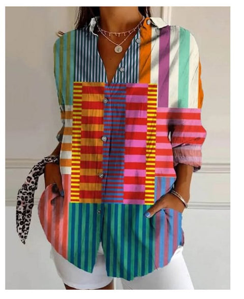 3D digital printing abstract pattern women's long-sleeved buckle linen shirt m302749-01