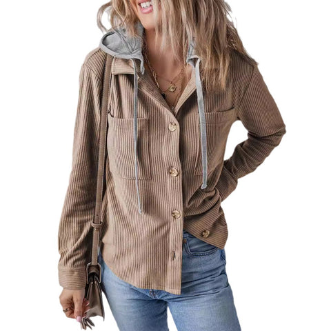 Lapel buckle cardigan purse hooded pull rope striped jacket women m301008