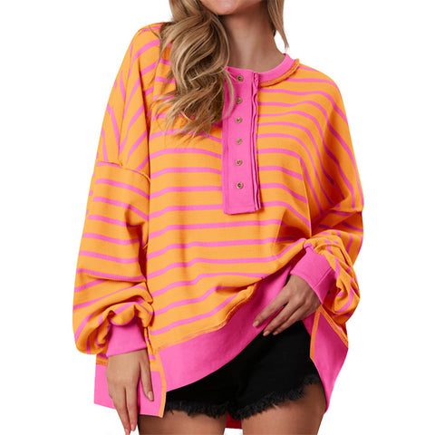 V-neck contrasting stripes loose long-sleeved women's t-shirt top FF303304