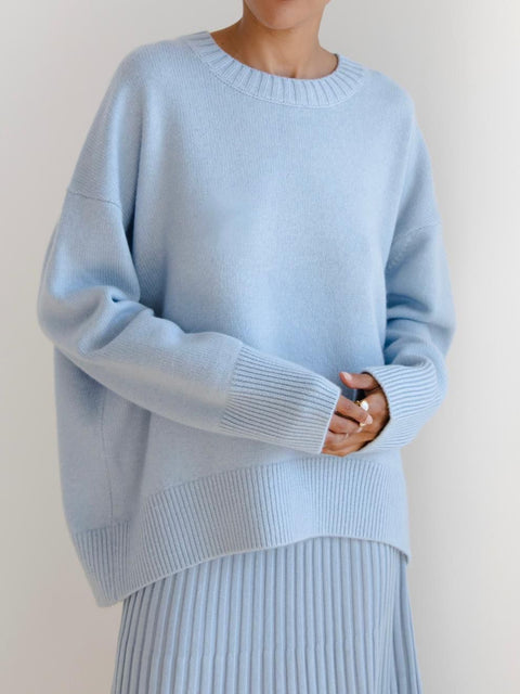 Women's knitted sweater crew neck solid color loose sweater m300667