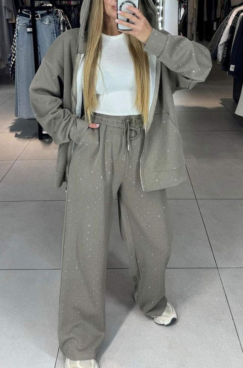 Women's casual round neck long sleeve full body hot diamond drawstring foot tie two-piece set m301499