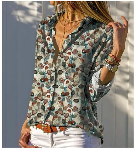 3D digital printing abstract pattern women's long-sleeved buckle linen shirt m302749-01
