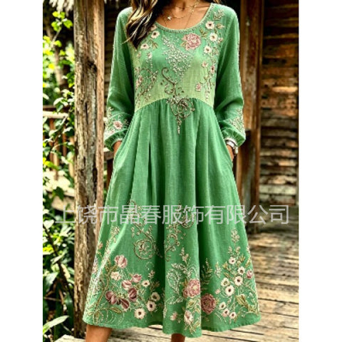 Mid-waist women's casual crew neck print women's dress FF303278
