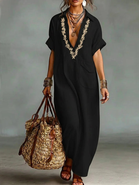 Loose ladies embroidery pocket casual lapel cotton and linen jumpsuit m302716