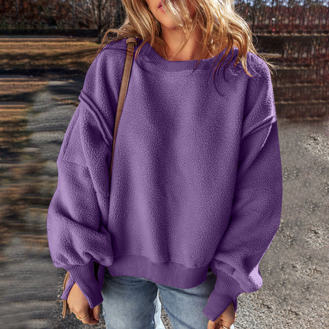 Splicing design hem irregular loose plush sweater top women m301914